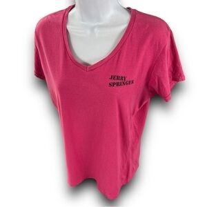 VINTAGE Jerry Springer Talkshow Pink V Neck SECURITY Short sleeve T-shirt Size M
